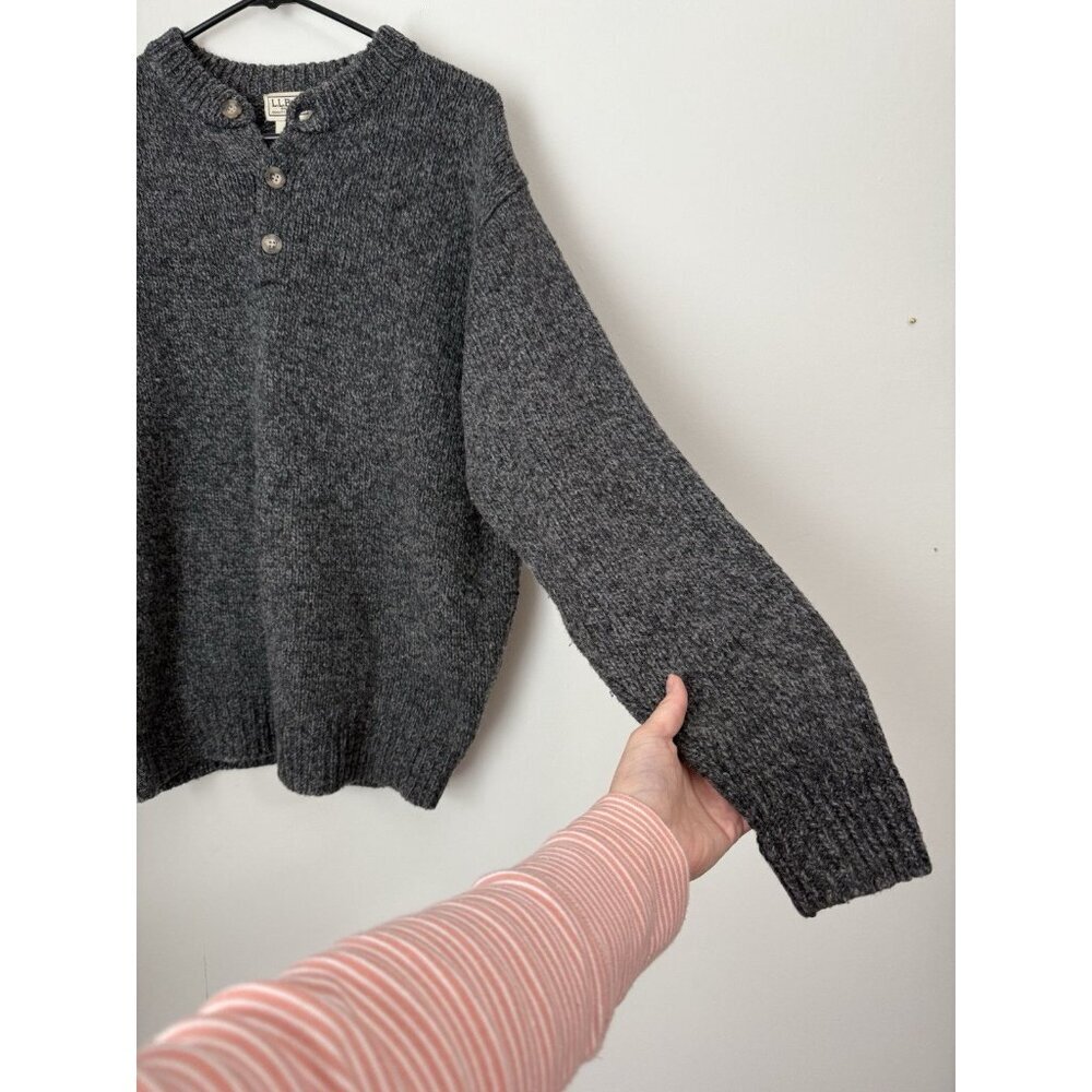 LL Bean 100% Lambs Wool Men's Classic Ragg Sweater Henley Pullover Gray Medium - Picture 5 of 9